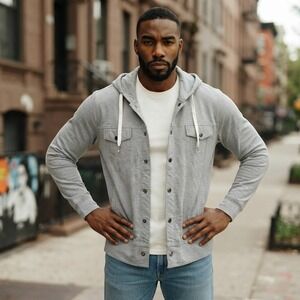 Levis Mens Gray Hooded Button Front Trucker Jacket Sweatshirt XL 3LYLK1022